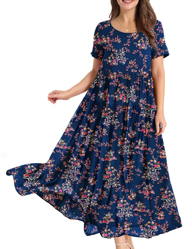 YESNO Women Casual Loose Bohemian Floral Dress with Pockets Short Sleeve Long Maxi Summer Beach Swing Dress (M EJF CR30) Blue - Image 1
